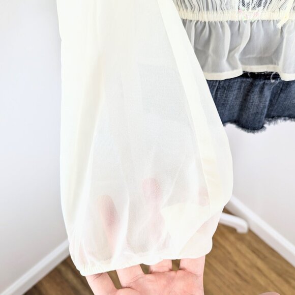 VTG 00s Y2K FANG Cream White Sheer Sequin Pleated Chiffon Pirate Sleeve Top Sz L - Picture 7 of 9